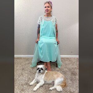 50s Vintage Lingerie Set Blue & Pink Gown Robe Rockabilly Pinup Boudoir MCM S M